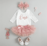 Gi Gi - Girls First Birthday Lace Long Sleeve Romper + Tutu + Headband.